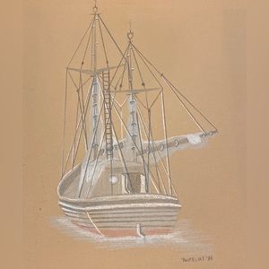 1984 Pantelias color pencil art, “Southern fishing boat”